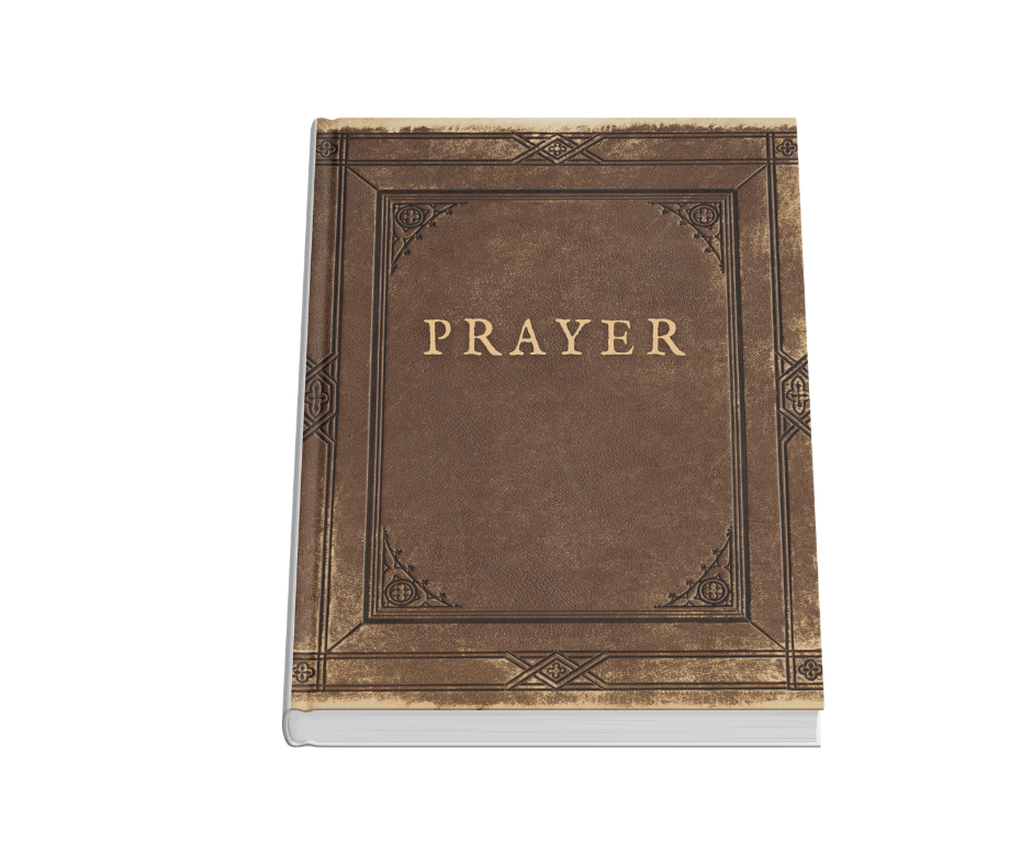 old hardback book with etchings and the word "Prayer" on it