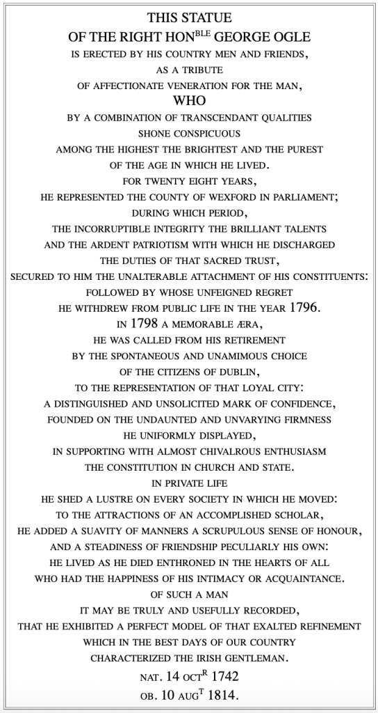 the statue text / inscription for George Ogle