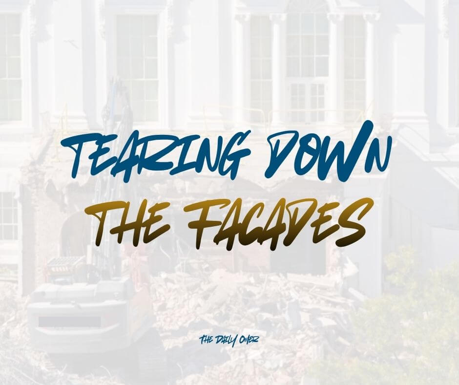 house in background with demolition, text on top "tearing down the facades"
